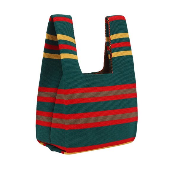 Wrist Tote Bag- 100% Polyester- Green Red Tan Stripped -Winter/Fall Colors - NWT - Picture 4 of 5